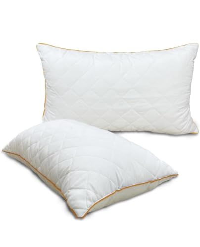 Image of Premium Quilted Microfiber Pillow Set of 2 for Sleeping | 3D Virgin Fiber Filled | Soft Neck Support Bed Pillow with Edge Piping | Mustard Yellow, 17x27 Inch