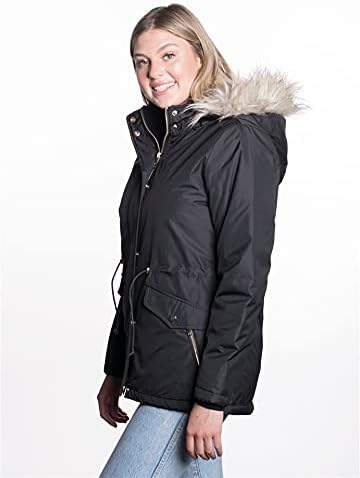 BodiLove Women's Warm Winter Short Coat High Collar Jacket with Removable Faux Fur Hood Zipper Snap Buttons Wind Blocker Black S - Image 5