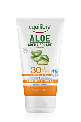 equilibra Solari, Aloe Crema Solare SPF 30, a Base di Aloe Vera, Vitamina C ed E, Olio di Argan, Olio di Cocco e Burro di Karité, Assicura un'Abbronzatura Sana e Naturale, Water Resistant, 150 ml