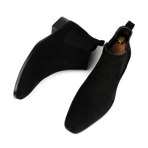 Men's Suede Low Heel Chelsea Boots with Elastic Panels Slip-On Comfort Non-Slip Dress Boots for Business Evening Dating Booties
