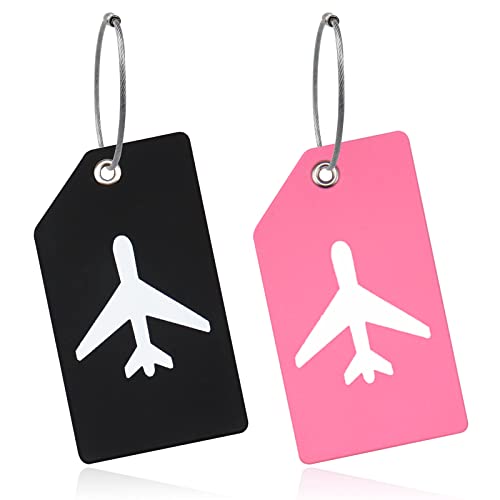 2 Pezzi Etichette Bagaglio in Silicone Set,Targhette Valigia Aereo con Anelli in Acciaio, Etichette per Valigie in Colori Vivaci per Bagaglio,Valigie, Carrozzina, Borsa(Nero+Rosa)