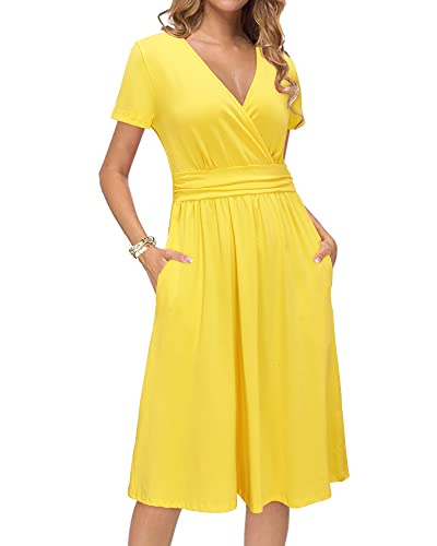 Newshows Womens Summer Short Sleeve Casual Dresses V Neck Floral Vacation Sundress Faux Wrap Midi Dress with Pockets4