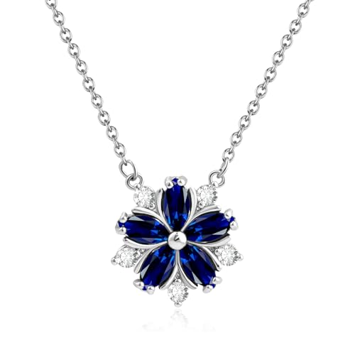 Aliyoham Sapphire Flower Necklace for Women | Silver Plated Birthstone Gift, Blue Gemstone Floral Pendant, Hypoallergenic Everyday Jewellery Gift