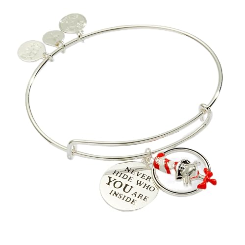 Alex and Ani Dr. Seuss™, Never Hide Who You Are Inside Slider Charm Expandable Bangle Bracelet, Shiny Silver Finish, Red Charm