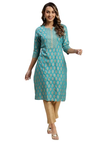 Image of rangita Women Rayon Regular Fit Turquoise Knee Length Printed Straight Kurti | Kurta