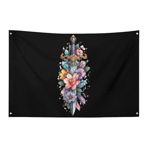 Bandera de jardín con espada y flores decoración exterior para patios 2