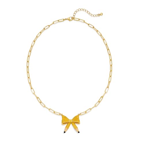 Cute Teacher Necklace For Women Yellow Enamelled Pencil Bow Pendant Necklace With Gold Chain Back To School Teacher Jewelry Gift