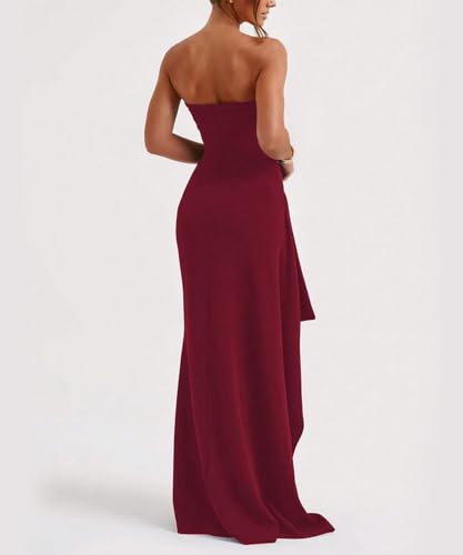 Image of SKAYS Women's Strapless Maxi Dress Elegant Tube Top Formal Ruched Bodycon Wedding Guest Cocktail Summer Dress with Slit