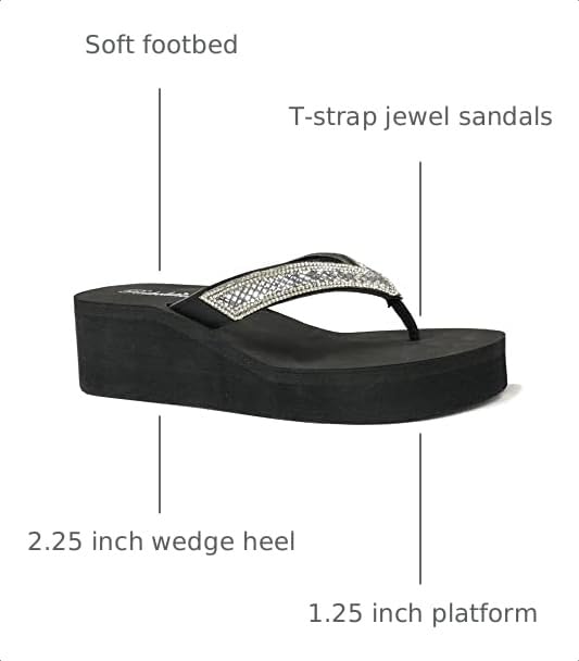 Image of REDVOLUTION New Women's Rhinestone Sandals Platform T-Strap Jewel Sandals High Wedge Flip Flops
