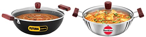 Image of Hawkins Futura 5 Litre Deep Kadhai with Glass Lid, Induction Kadai, Deep Fry Pan & Tri-Ply Stainless Steel Induction Compatible Deep Kadhai (Deep-Fry Pan) with Glass Lid, 4 Litre