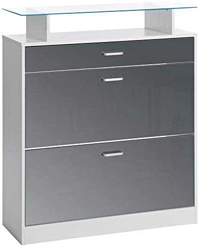 ts-ideen Zapatero Extra Delgado 90x104 cm en Blanco y Gris 2 Compartimientos con Cajón para accesorios y estante en cristal