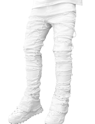 IDEALSANXUN Stacked Jeans Men Designer Slim Fit Skinny Ripped Jeans Tassel Hip Hop Denim Pants