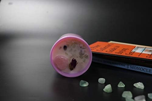 KL Pink Champagne Scented Candles with dried flowers and rose quartz and small Gemstones