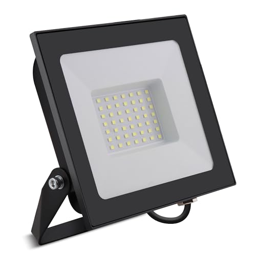 Bright Source LED Floodlight, IP65, 50W, 5750lm, 120° Beam Angle, 6500K Daylight White, Black, with Adjustable Tilt Mounting Bracket & 1m Lead Wire