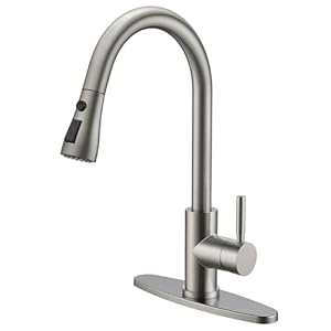 QFN Kitchen Faucet with Pull Down Sprayer Brushed Nickel, High Arc Single Handle Single Level Stainless Steel Pull Out Sink Faucet for Farmouse Camper RV Bar, Fit for 1 or 3 Hole