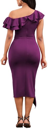 Image of Dresses for Women Elegant Long Sleeves Ruffles Pencil Knee Length Split Business Dress with Belt Zipper