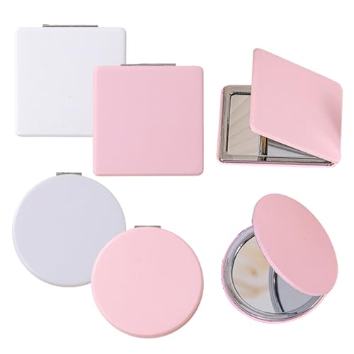mengger Miroir de Poche, 4 Pieces Mini Miroir 7.2 * 7.2cm,Miroir de Maquillage Pliable Portable,Miroir de Voyage en Cuir PU Application Maison Bureau Extérieur(Blanc Rose)