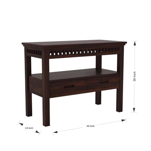 Image of Sheesham Wood Console Table for Living Room | Solid Wood Entryway Hallway Sofa & Fish Tank Table with 2 Drawers & Shelf Storage | Rosewood Walnut Finish