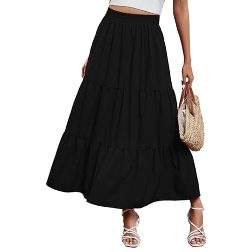 Arolina Maxi Skirt for Women Summer Boho Elastic High Waist Pleated A-Line Flowy Ruffle Swing Tiered Long Beach Skirt Dress Large Black