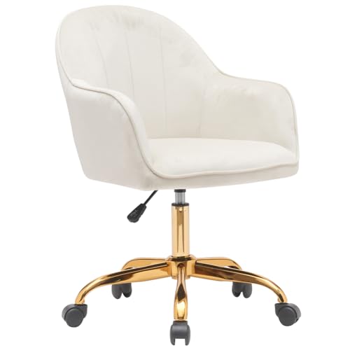 Sedia da Ufficio in Velluto con Base Oro da 55 cm Imbottitura Extra Morbida e Shabby Chic Poltrona da Scrivania Arredo Studio Ergonomica con Regolazione Altezza a Gas 95-105 cm Crema