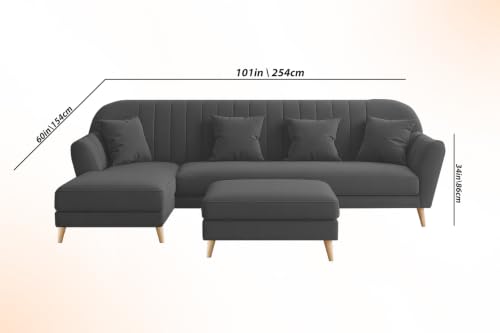Image of Atticus LHS 6 Seater L Shape Sofa Set with Ottoman Living Room (Black Colour Fabric) Premium Fabric Sofa Set for Living Room