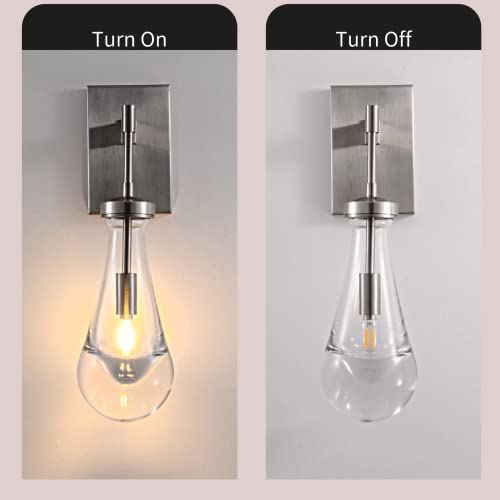 Joyunleo Nickel Wall Sconces Set Of Two, Raindrop Glass Sconces Wall Lighting Bathroom Vanity Light Wall Lamp For Living Room, Wall Light Fixtures For Bedroom, Bulb Included #TOP4