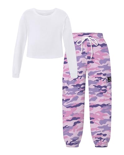 Image of Betusline Girls Fall Winter Clothing Sets, Long Sleeve Crop Top & Cargo Jogger Pants 2 Piece Outfit Sets,4T-14Y