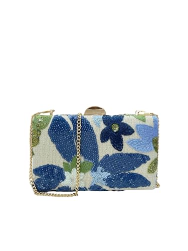 QWINEE Womens Sequin Floral Embroidery Evening Beaded Clutch Bags Elegant Mini Crossbody Purses Wedding Party Bag Blue One Size