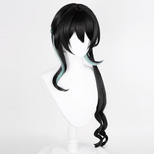 Image of Mei Anime Black mixed Green Wigs with Bangs Women Long Curly Wig with Buns and Ponytail Game Cosplay Wigs Halloween,Christmas,Comic con,Game Show,Party