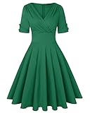 MINTLIMIT Women's V Neck Dress Elegant Vintage A Line Retro Tea Party Dress (Green,Size M)