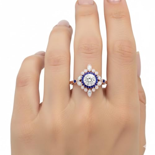 Image of 55Carat Choose Your Gemstone Round Halo Floral Engagement Ring Rose Gold Plated Round Shape Vintage Engagement Rings Everyday Jewelry Wedding Jewelry Handmade Gifts for Wife US Size 4 to 12