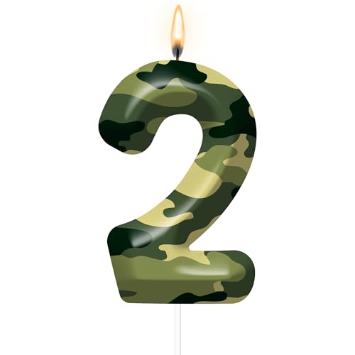 Camo Birthday Candles, Camo Number 2 Candle Cake Topper for Birthday Party Cake Decoration, Reunions Theme Party Supplies