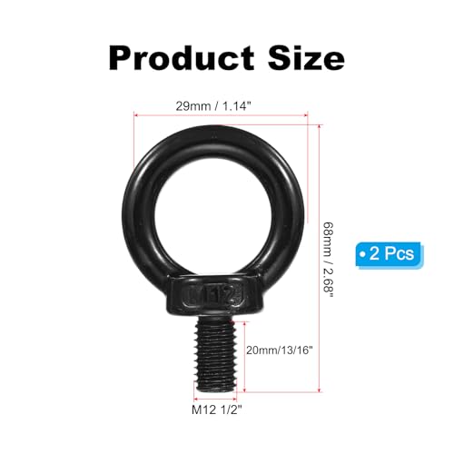 Image of PATIKIL Lifting Eye Bolts M12 x 20mm, 2 Pcs 304 Stainless Steel Shoulder Ring Threaded Screw Machinery Shoulder Eyebolt for Lifting Hanging, Black