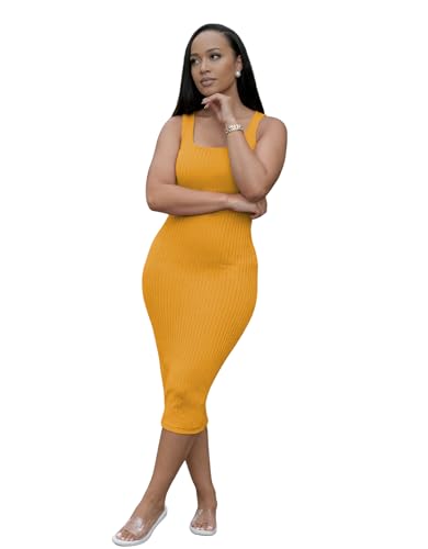 Image of TOPSRANI Women Sexy Midi Dress Bodycon Casual Sleeveless Basic Ruched Tank Summer Club Party Dresses