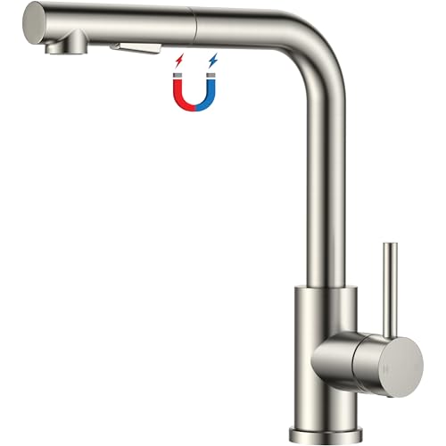 FORIOUS Rubinetto Cucina, Miscelatore Cucina con Doccetta Magnetica Estraibile, 2 Funzioni di Getto e Girevole a 360°, Rubinetto Lavello Cucina in Acciaio Inox a Forma L