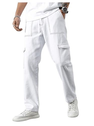 WDIRARA Men's High Waisted Contrast Stitching Cargo Jeans Denim Pants with Pockets
