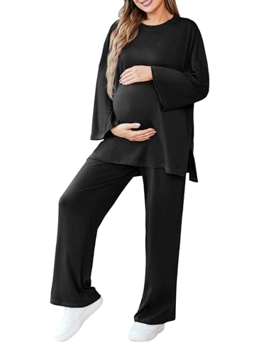 Maternity Pajamas Sets 2 Piece Lounge Outfits Long Sleeve Shirts and Long Pregnancy Loungewear with Pockets Black L