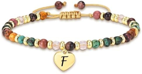 KLIFOWDY Naturstein Armband Damen mit Herzanhänger Buchstaben Design | Verstellbar 6,5 bis 10 Zoll, Geburtstagsgeschenk für Freundin, Schwester Mädchen