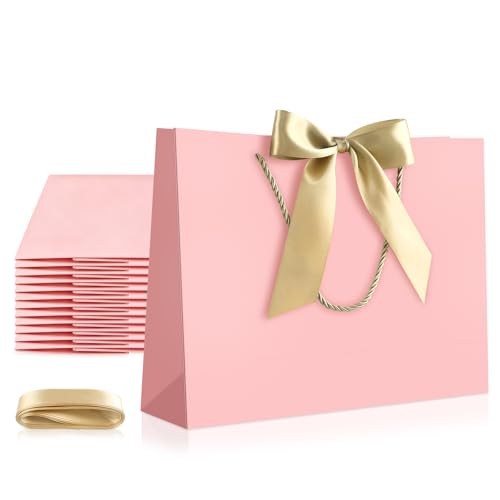 Image of JMANNI 12 Pcs Wedding Paper Gift Bags with Handle,13 inch Medium Thank You Gifts Bags with Ribbon Bow Bridal Shower Gifts for Baby Shower Graduation Holiday Birthday Party Supplies Mothers Day(pink)