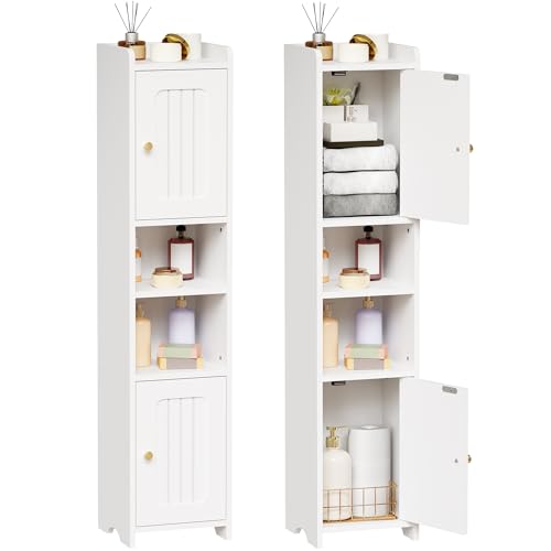 ANWBROAD Slim Bathroom Storage Cabinet Corner Narrow Cabinet with 2 Doors and Adjustable Shelf Freestanding Small Bathroom Organizers and Storage for Small Spaces Kitchen Living Room White USBC011W