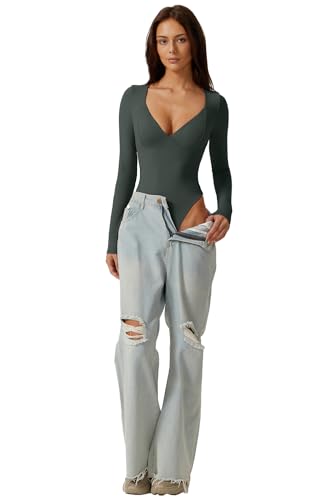 Image of QINSEN Women's Long Sleeve Bodysuit V Neck Body Suits Seamed Cup Going Out Tops Shirt