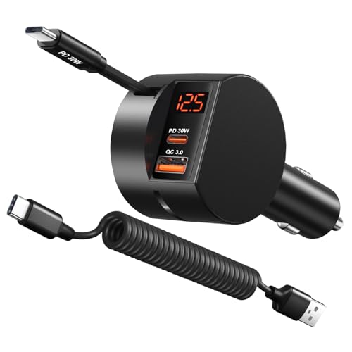 OKRAY 78W 3-Port Car Charger with Retractable USB-C PD30W Fast Charge Cord - image 1