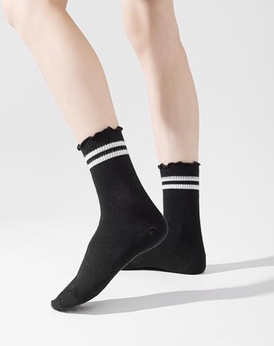 Image of Yawlsow 4 Pairs Ruffle Frilly Striped Socks Women Cute Cotton Coquette Ankle Socks kawaii Lettuce Edge Crew Socks for Girls