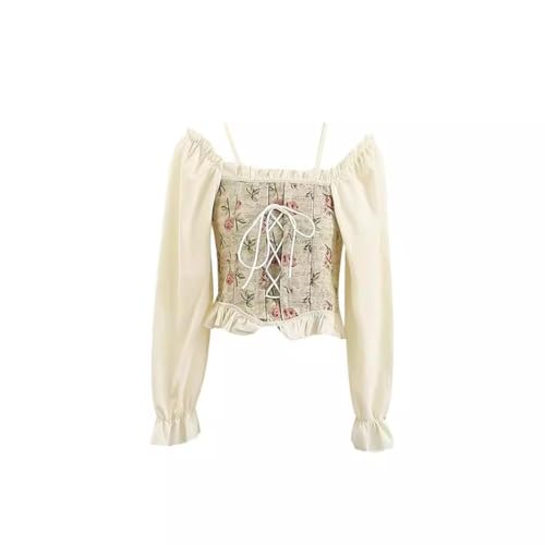 Image of ICW Women Korean Retro Style Vintage Floral Jacquard Lace-Up Off-The-Shoulder Smock Puff Sleeve Ruffled Crop Blouse Corset Top DN6021