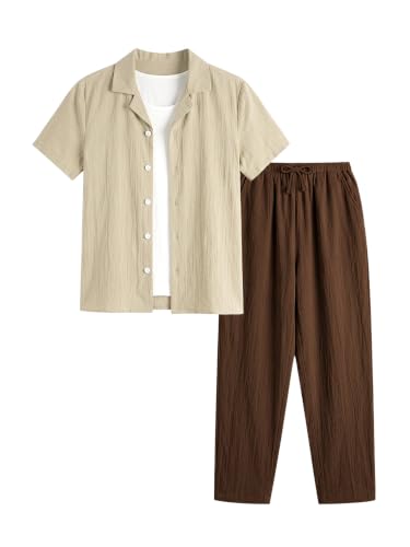 Image of Verdusa Boy's 2 Piece Sets Linen Set Going Out Summer Outfits Button Up Shirt and Pants Set Matching Sets
