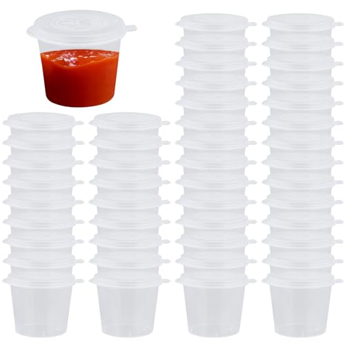 Lot de 55 petits récipients de 28,3 g avec couvercles, pots à sauce ronds en plastique PP à emporter, récipient à condiments, boîte d'assaisonnement étanche pour sauce, sauces, chutney, ketchup,