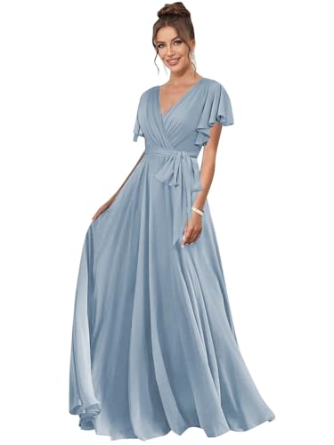 Flutter Sleeve Bridesmaid Dresses for Women Long Chiffon Ruched V Neck Formal Wedding Guest Dress with Sash