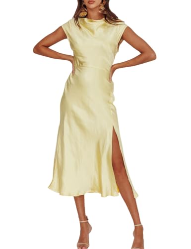 Women's Summer Satin Elegance Backless Twist Cap Sleeves Midi Dress 2023 Sexy Cowl Neck Slit Cocktail Wedding Guest Dresses