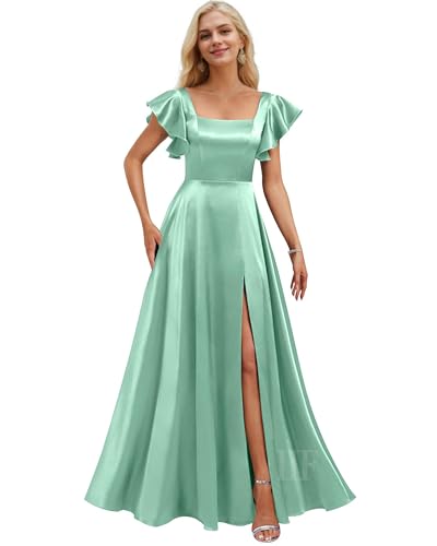 Image of IIF Short Sleeve Bridesmaid Dresses with Pockets Square Neck A-Line Satin Prom Gown Dress for Women with Slit IIF134