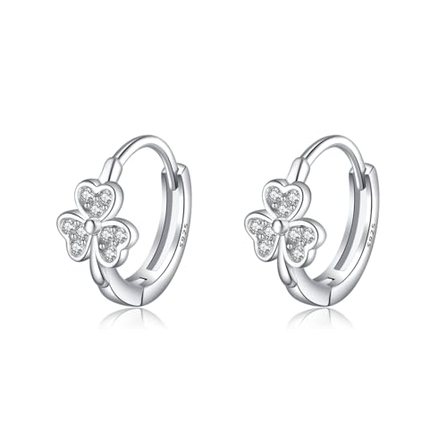 SLUYNZ 925 Sterling Silver CZ Clover Huggie Hoop Earrings for Women Girls Shamrock Hoop Earrings